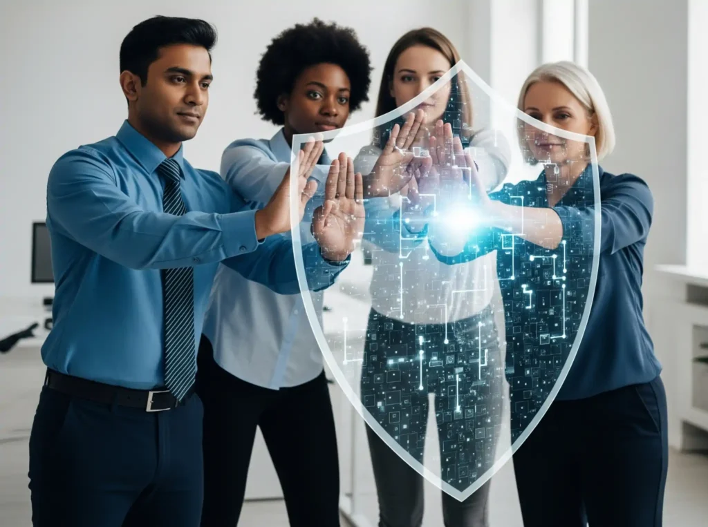 Employees forming shield together, protecting security awareness